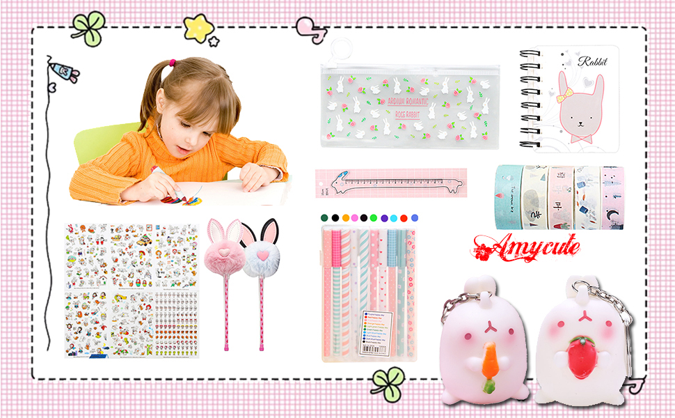 Amazon Amycute 文房具セット かわいい うさぎボールペン カラーペン10色 手帳 マスキングテープ ステッカー 水彩ペン キーホルダー シール 可愛い 入園 小学生 ギフト プレゼント 28点セット シール ステッカー 文房具 オフィス用品