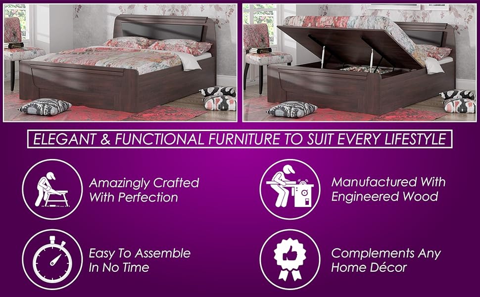 Zuari Ozone Queen Hydraulic Half Lift On Storage Bed(Teak Walnut PLB