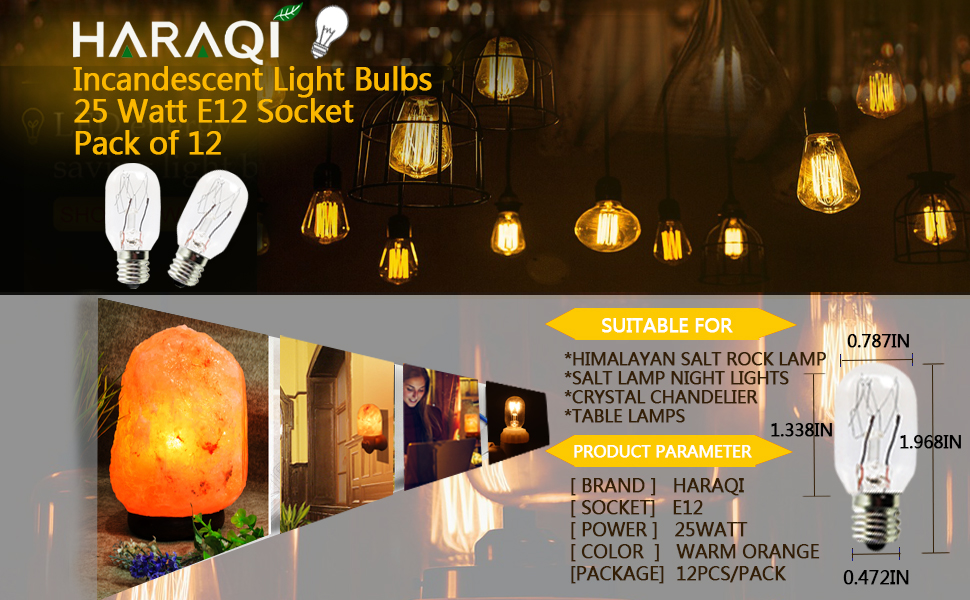 12 Pack Salt Lamp Bulbs,E12 25 Watt Incandescent Candelabra Bulbs,Long