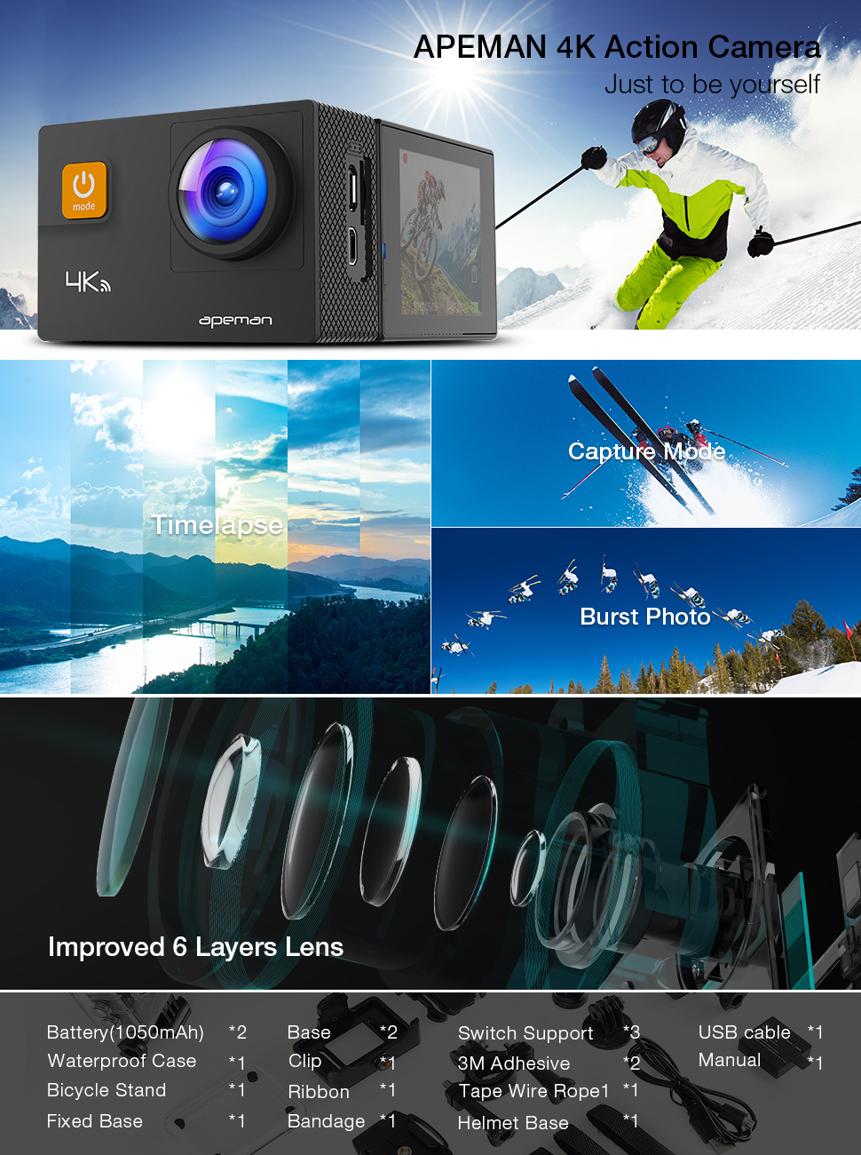 APEMAN 4K Action Camera WIFI 20MP Waterproof Sports Camera Diving 30M