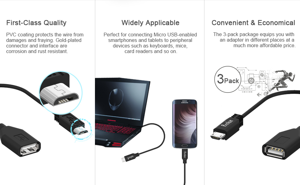 Rankie Micro USB to USB 2.0 Adapter, OnTheGo (OTG) Convertor Cable, 3