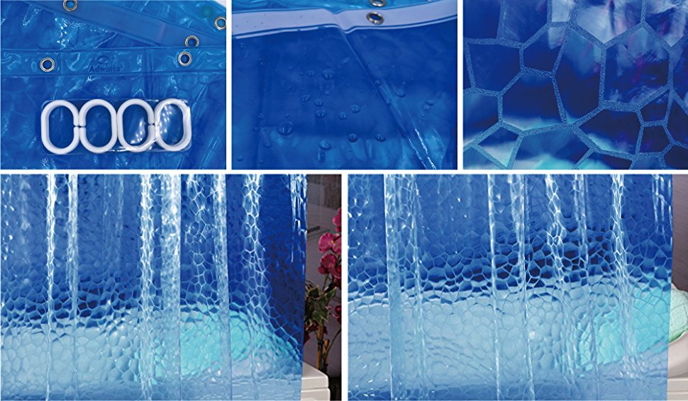 Blue Shower Curtain Liner Heavy Duty EVA New 3D Water Cube Clear Shower