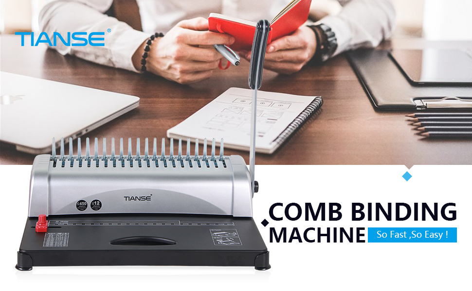 TIANSE Binding Machine, 21Holes, 450 Sheets, Comb Binding Machines with Starter Kit 100 PCS 3/8
