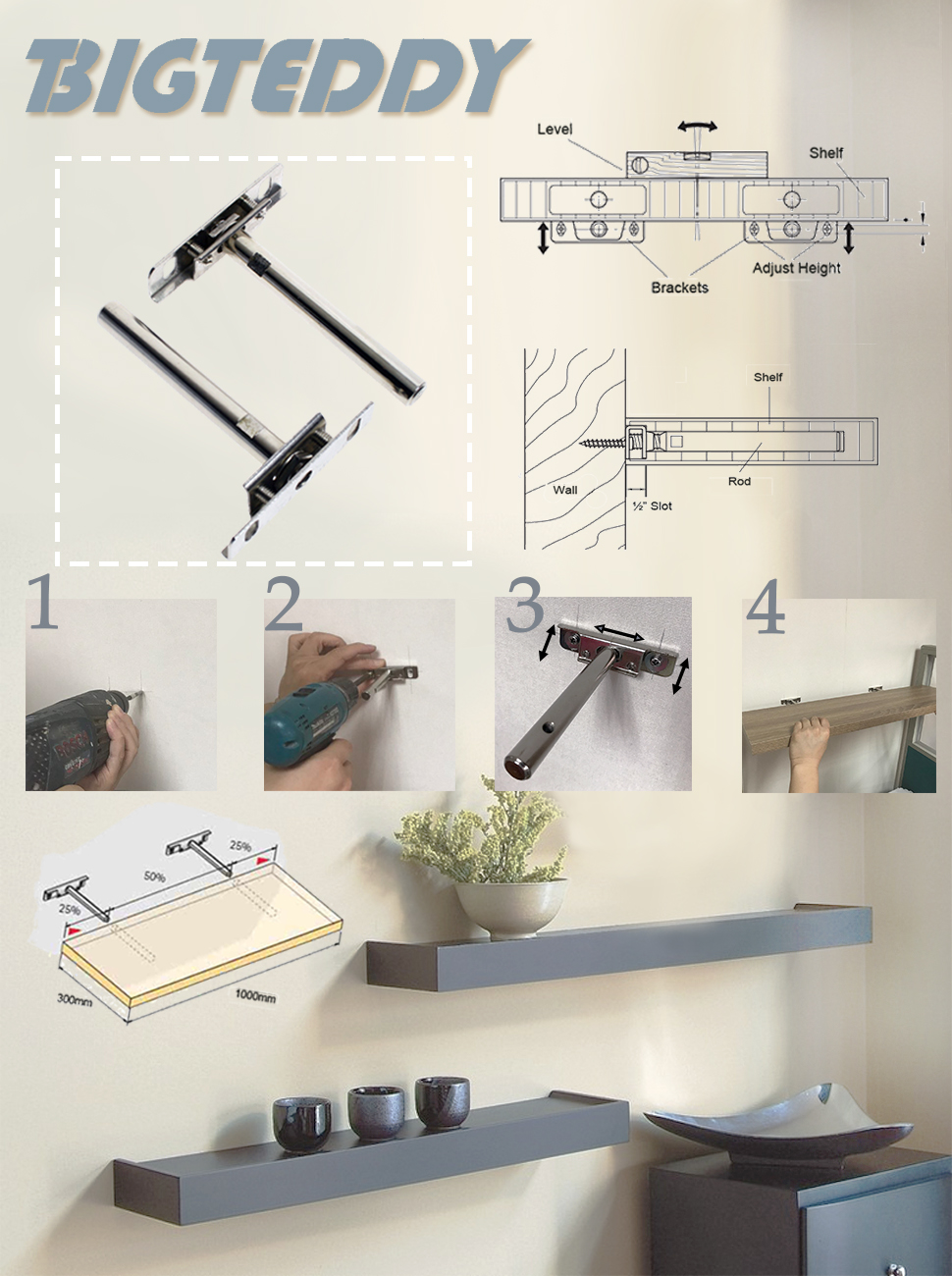 BIGTEDDY 4" Adjustable Blind Shelf Floating Support Invisible