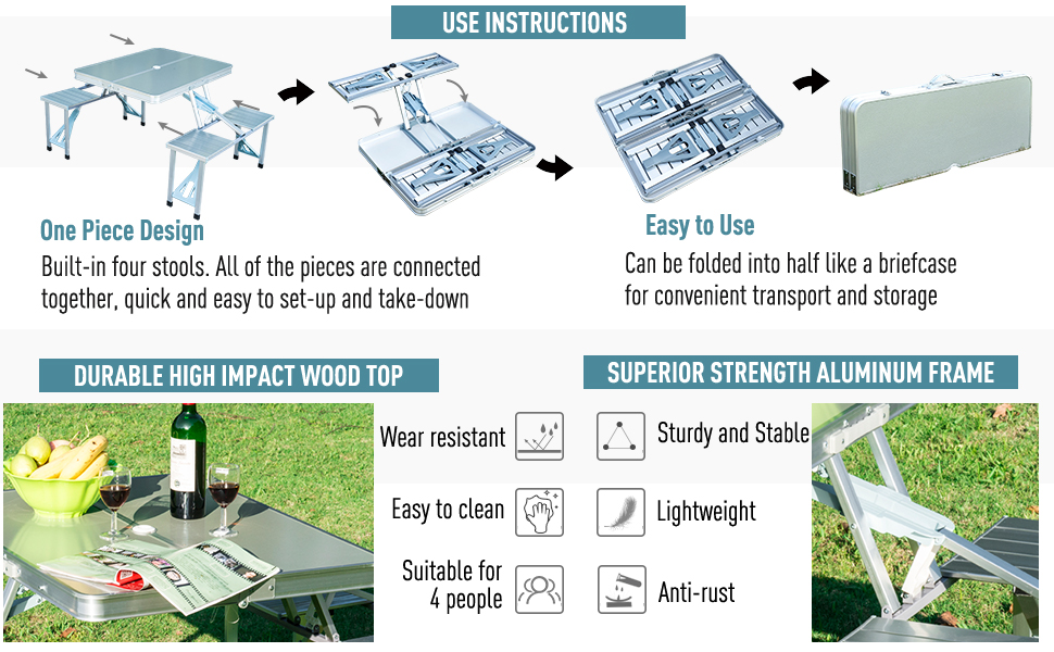Outsunny Outdoor Folding Aluminum Picnic Junior Camping Table with 4 Seats Portable Travel Table