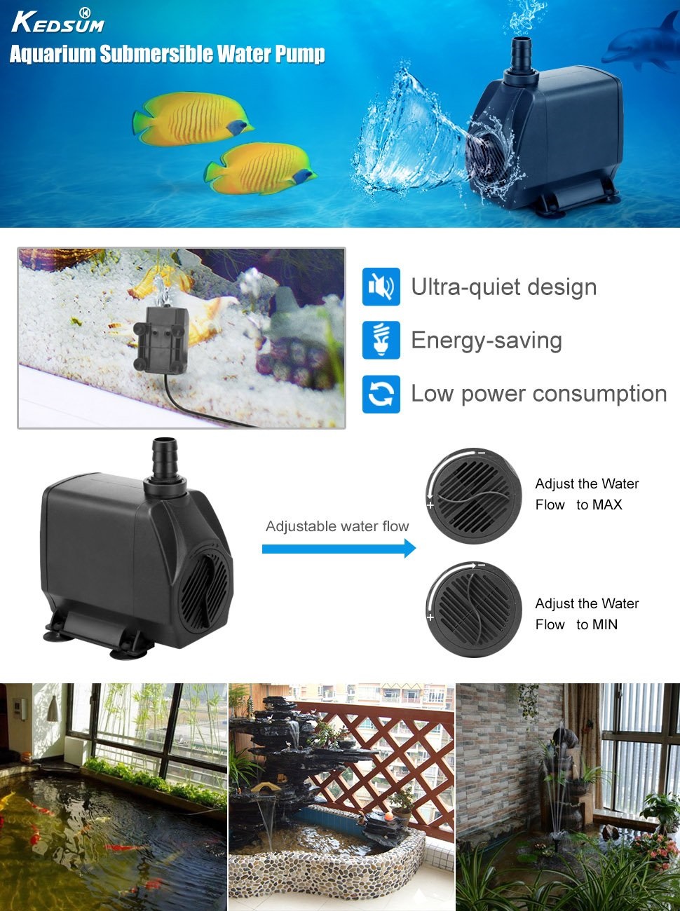 KEDSUM 880GPH Submersible Aquarium Water Pump Hydroponic Fountain
