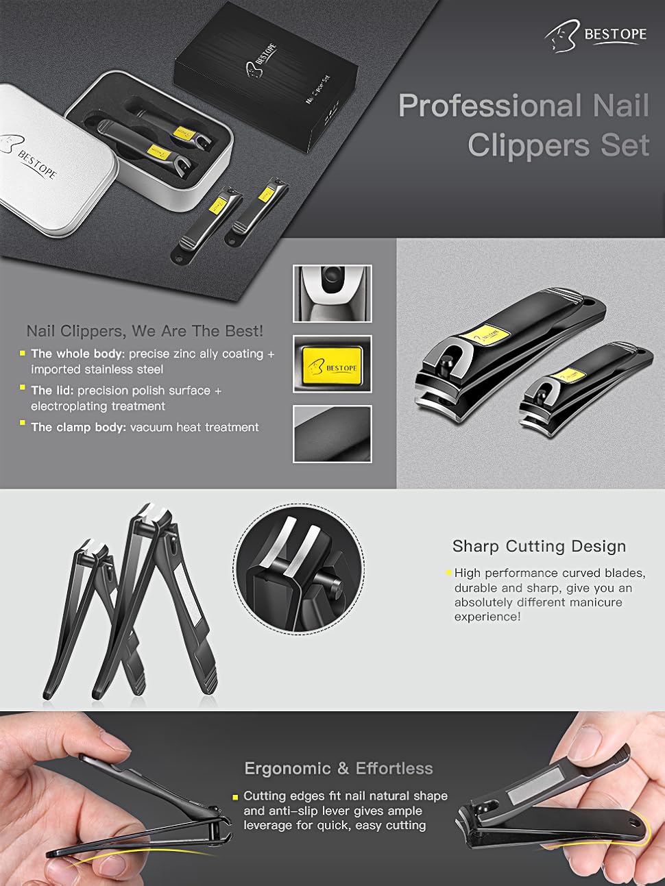 BESTOPE Nail Clippers Set,Black Stainless Steel Fingernail and Toenail