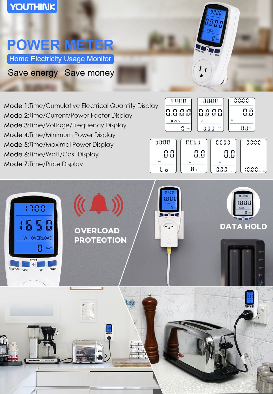 YOUTHINK Electricity Usage Monitor Power Meter Plug Home Energy Watt Volt Amps Wattage KWH