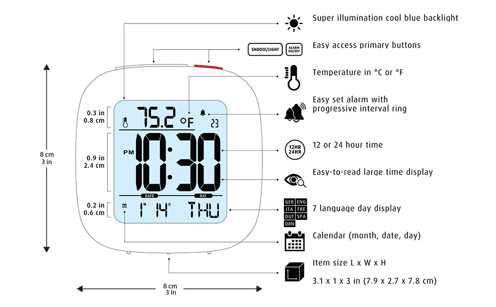 MARATHON CL030058BL Compact Alarm Clock with with Snooze, Light Feature