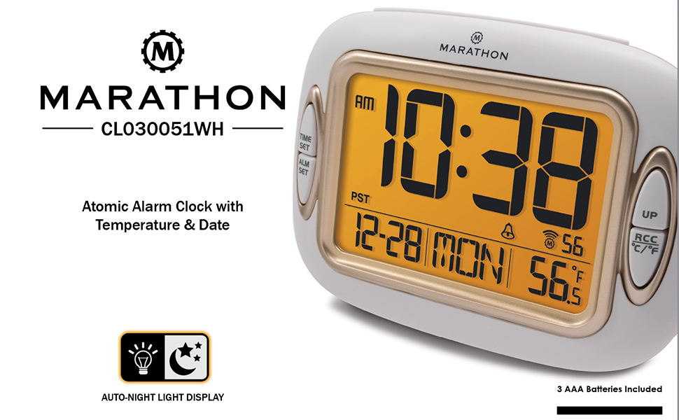 Marathon CL030051WH Atomic Alarm Clock with Auto Back Light Feature