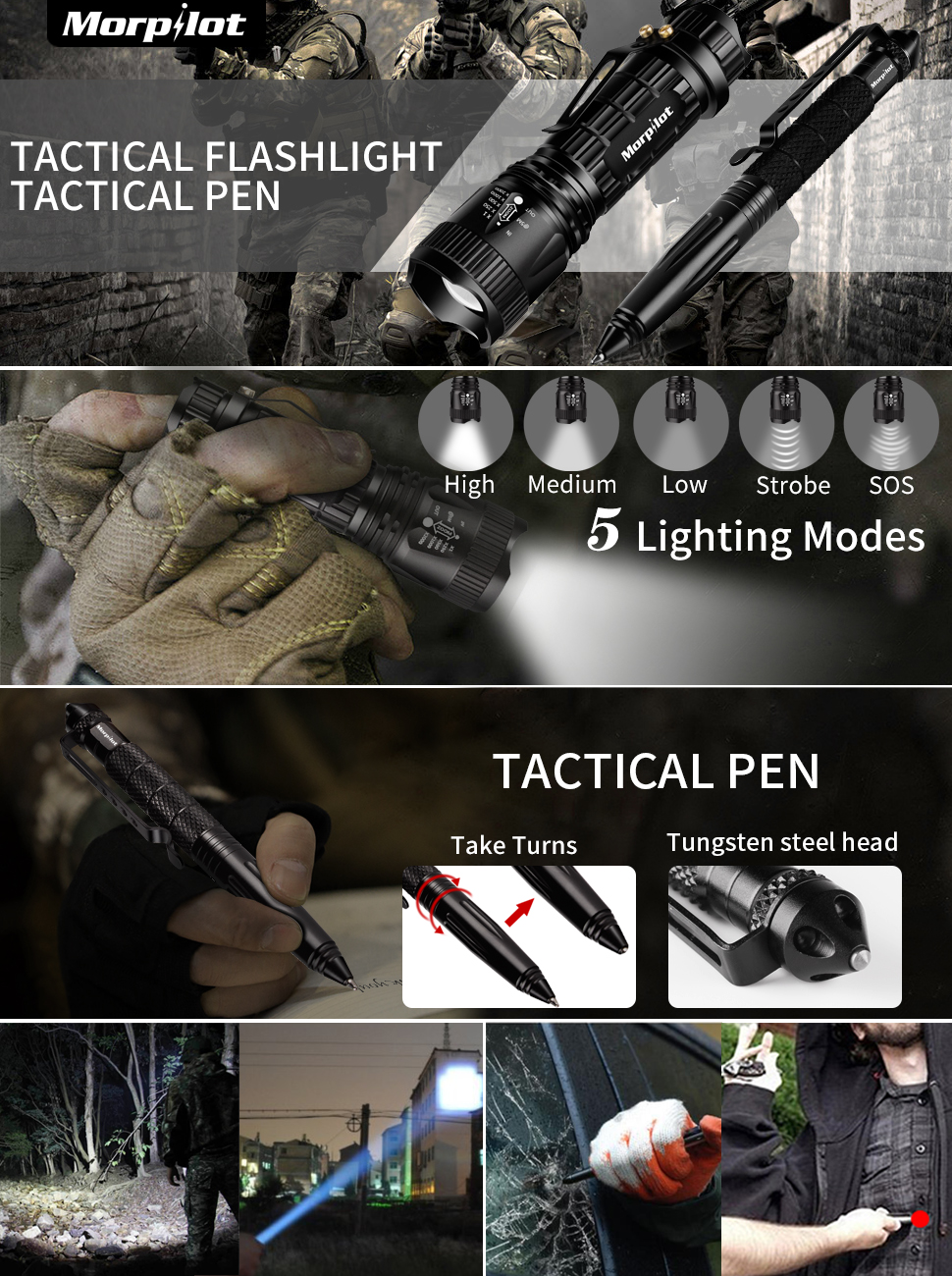 Morpilot Tactical Flashlight EDC Tactical Pen Set, 5 Modes Zoomable