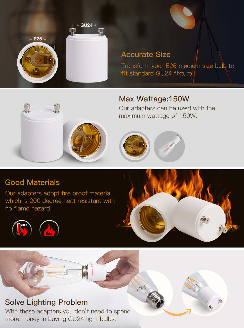 JACKYLED GU24 to E26 E27 Adapter 6Pack Heat Resistant Up to 200℃ Fire