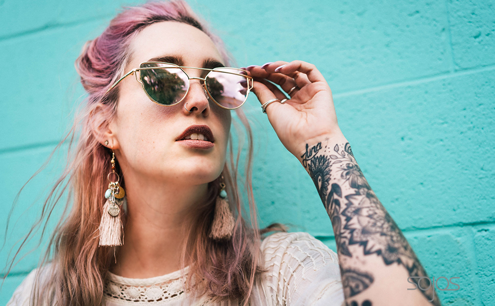 SojoS Cat Eye Mirrored Flat Lenses Street Fashion Metal