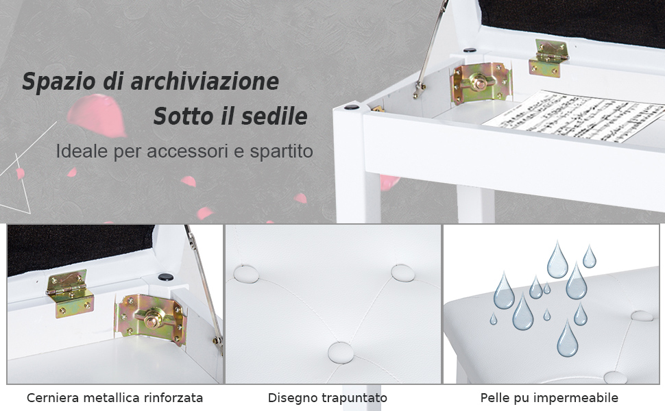Sgabello Pianoforte HOMCOM - Con Vano Portaoggetti, Ecopelle Bianco, Legno Massiccio, 76x36x50cm