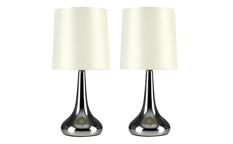 Set Di 2 Lampada Da Tavolo Con Funzione Touch Finitura Cromata Lucida E Paralume Crema Di Tessuto Nella Forma Di Una Gocciolinalacrima