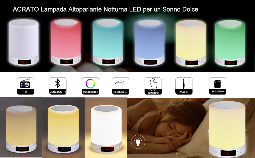Acrato Lampada Da Comodino Tavolo Led Speaker Altoparlante 5w Vivavoce Bambino Bluetooth Portatile Multicolori Sensore Tocco Radio Fm Orologio Diy Sveglia Casa Ufficio Camera Regalo Natale Compleanno Amazon It Illuminazione