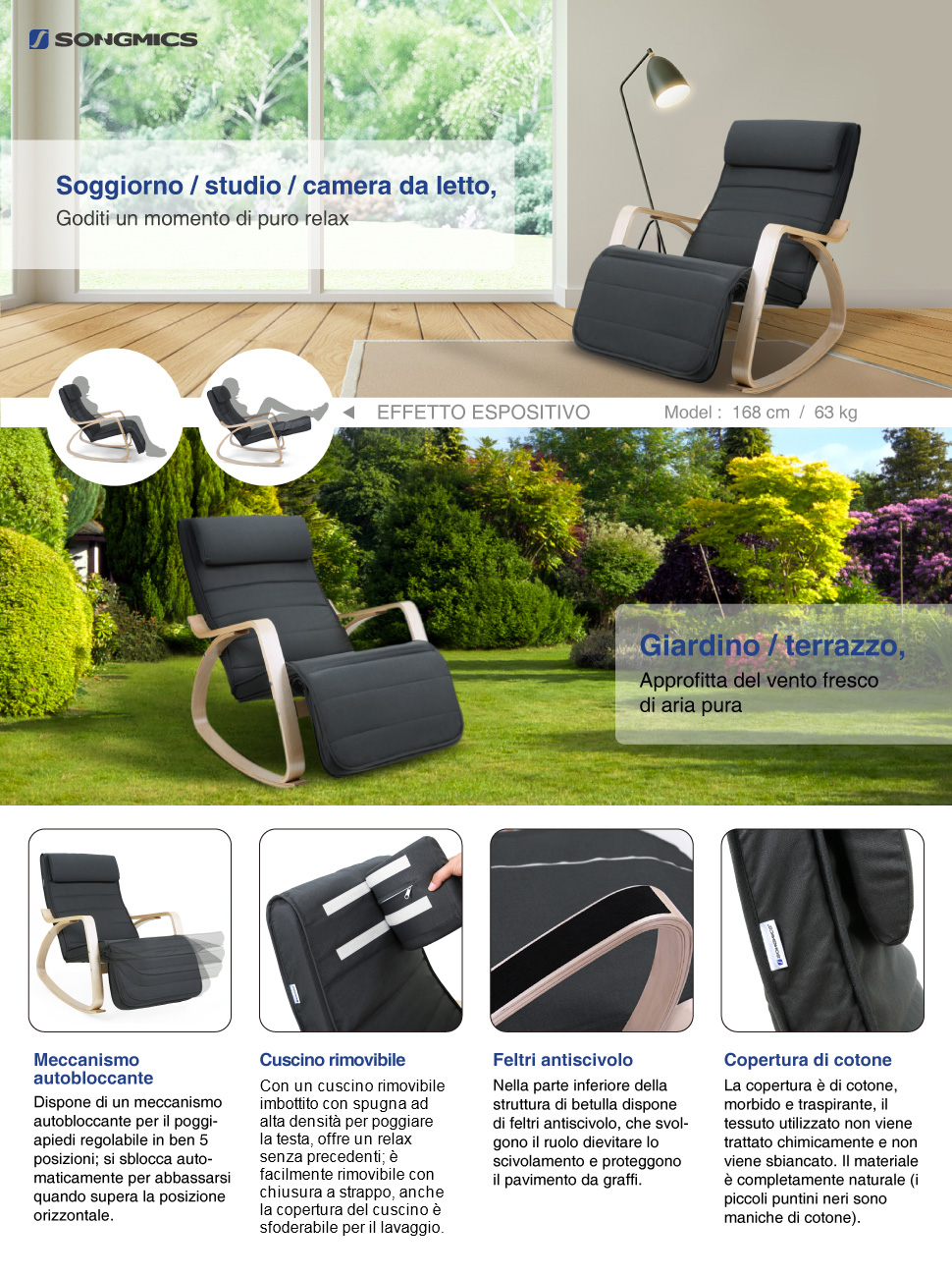 Songmics Sedia A Dondolo Poltrona Relax Con Poggia Gambe Di Angolo Regolabile A 5 Gradi Carico Massimo 150 Kg Grigio 11 1/