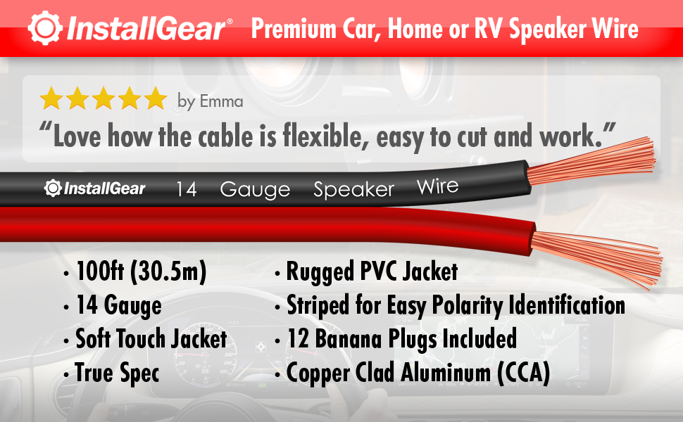 InstallGear 14 Gauge Speaker Wire Cable (100 Foot and 12 Banana Plugs) 14 AWG