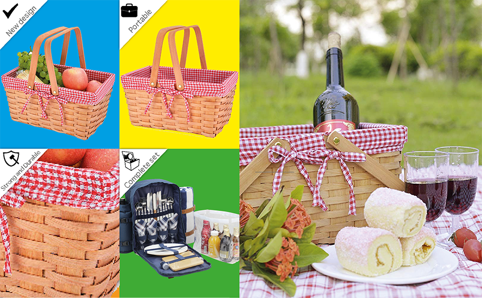 Picnic Basket Natural Woven Woodchip with Double Folding Handles