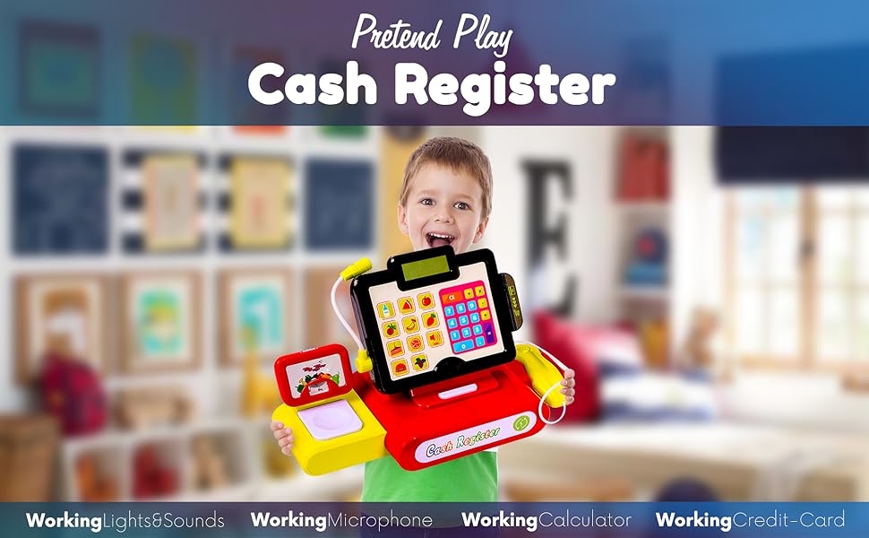 Big Mo's Toys 27 Piece Cash Register Set with Pretend Play Food, Money