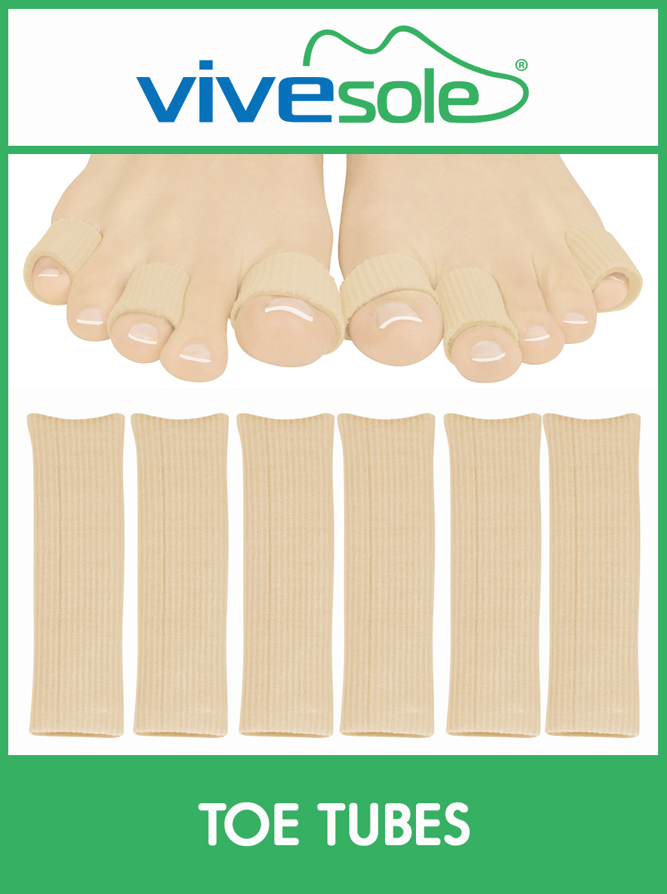 ViveSole Toe Sleeves [6 Pack] - Silicone Gel Tube Finger Protector Compression Cushion Brace 