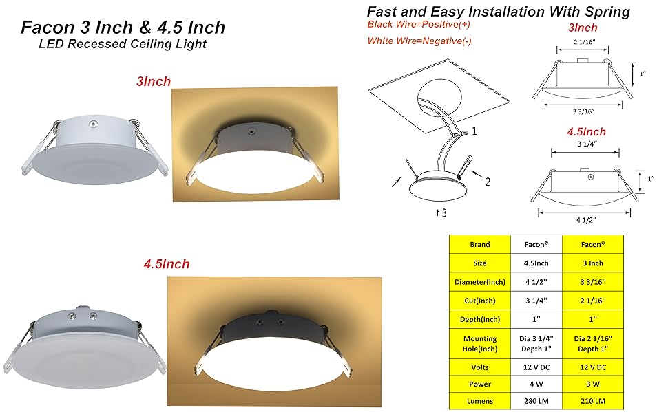 Facon 3 Inch LED RV Puck Light Full Aluminum Recessed Mount Down Light 12V Interior Light for RV