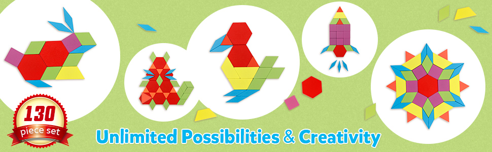 Coogam 130 Pcs Wooden Pattern Blocks Set