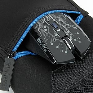 Close up of the front pocket with a mouse stored in it