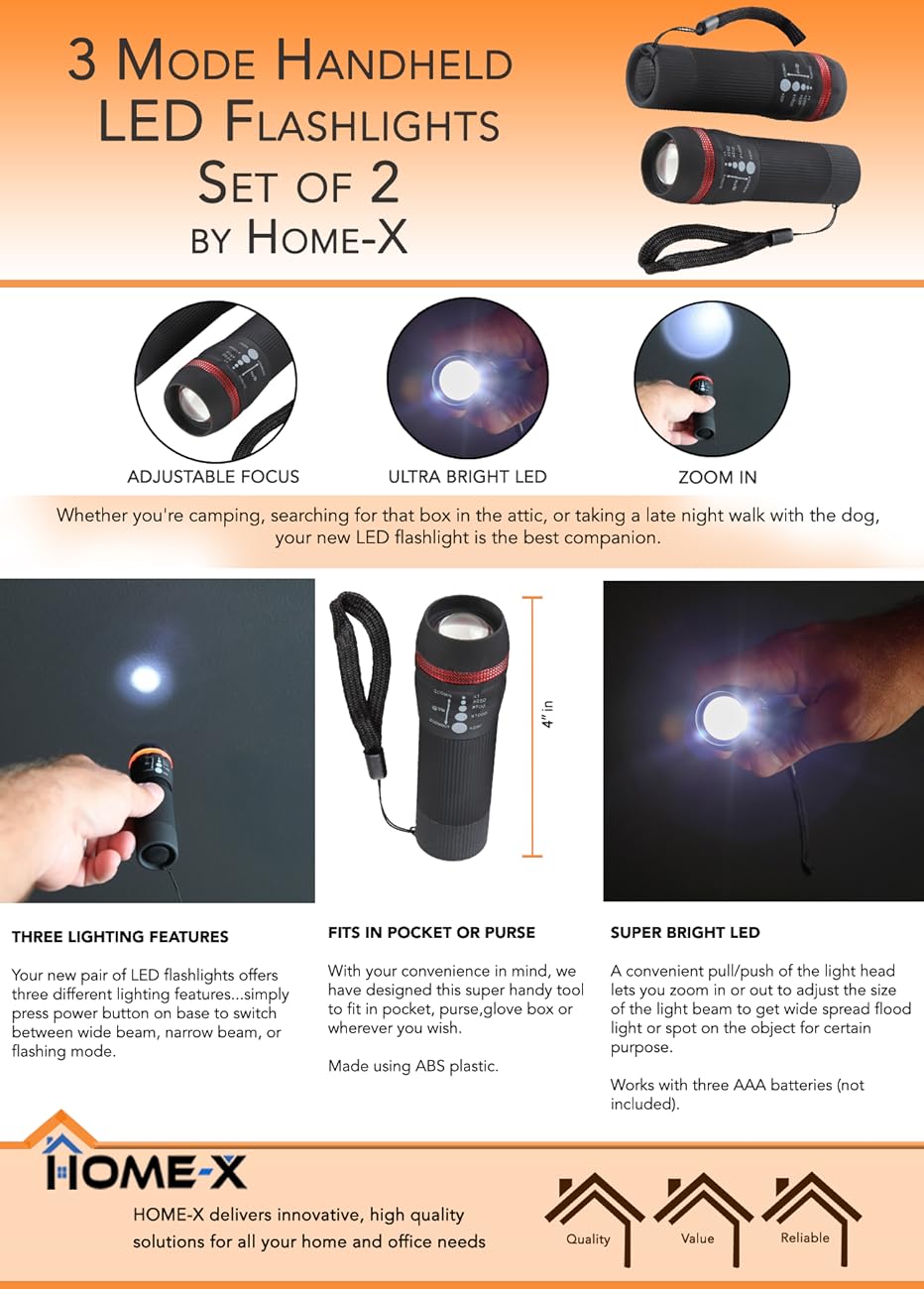HomeX 3 Mode Handheld LED Flashlights. Set of 2 (Features Wide Beam, Narrow Beam, and Flashing