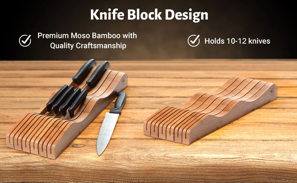 classy knife block design seats on a counter with knifes and with out knives 