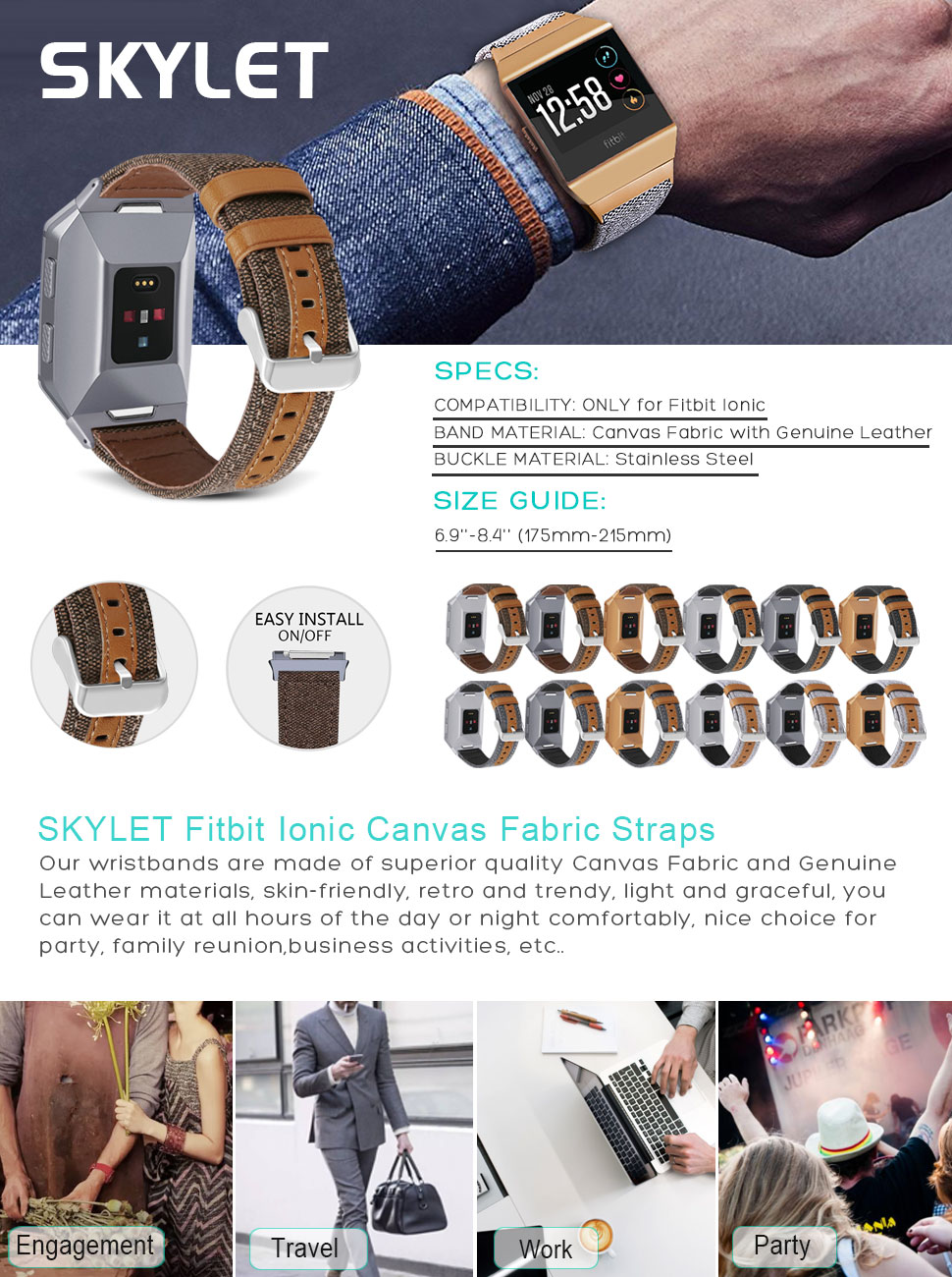 SKYLET Bands for Fitbit Ionic, Canvas Fabric with Genuine
