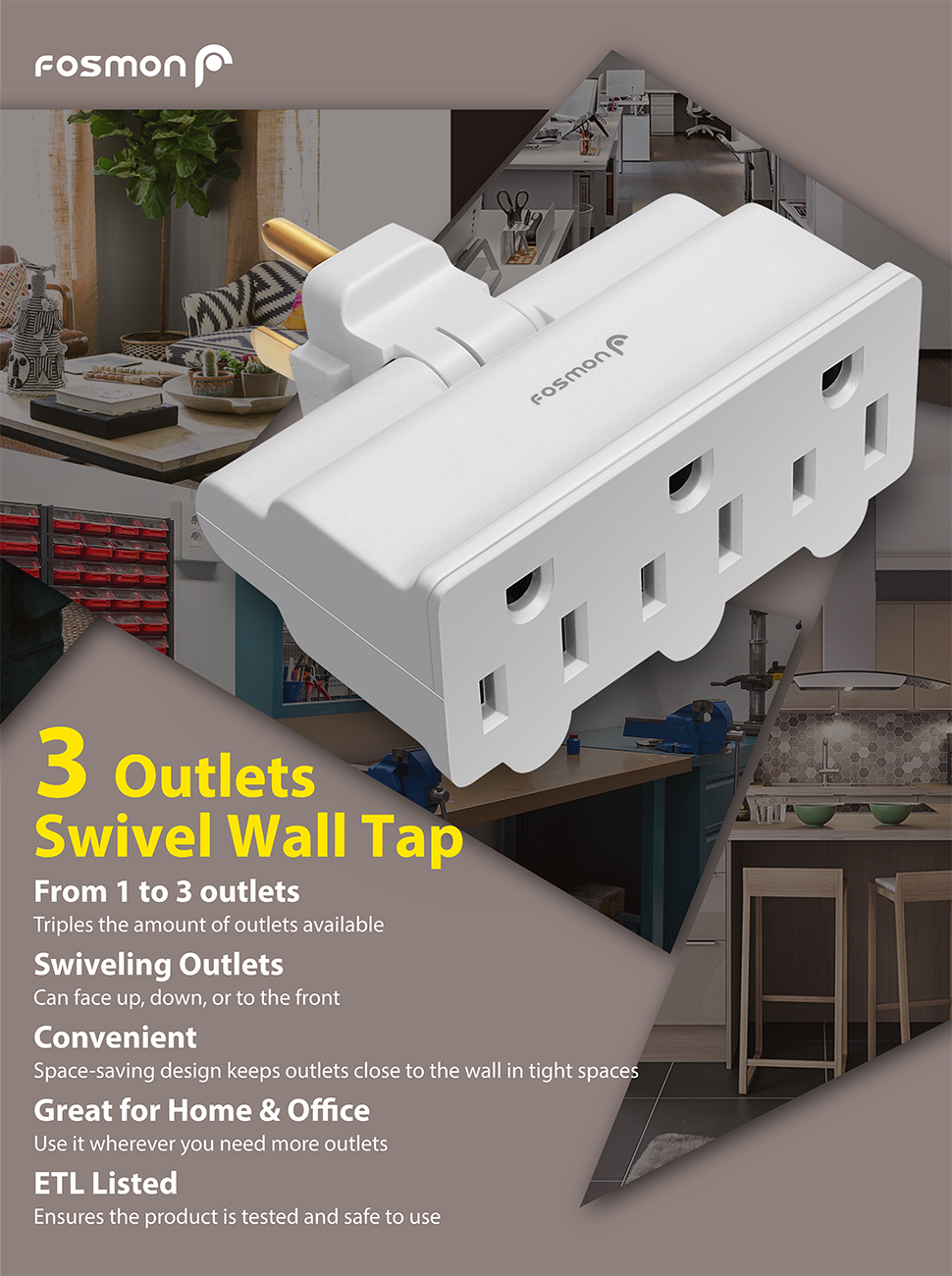 3 Outlet Wall Adapter (2 Pack), Fosmon ETL Listed 3Prong