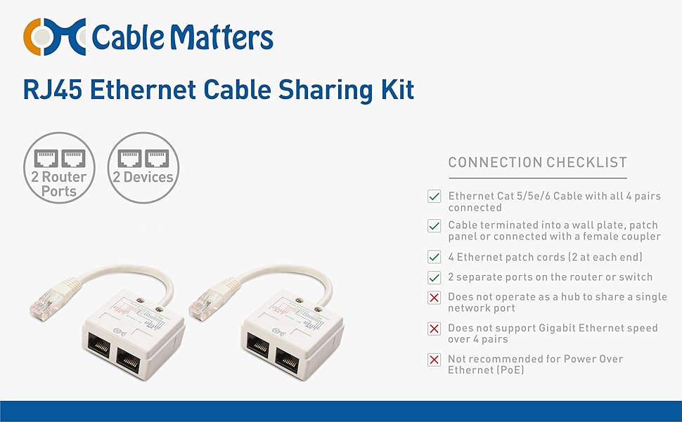 Cable Matters 2Pack RJ45 Splitter Cable Share Kit