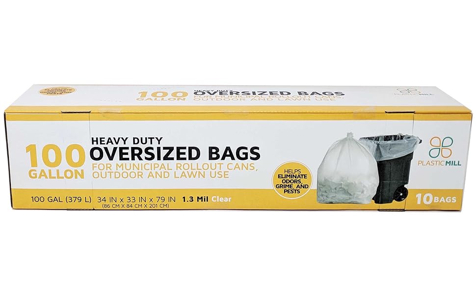 PlasticMill 100 Gallon Garbage Bags Clear, 1.3 Mil, 67x79