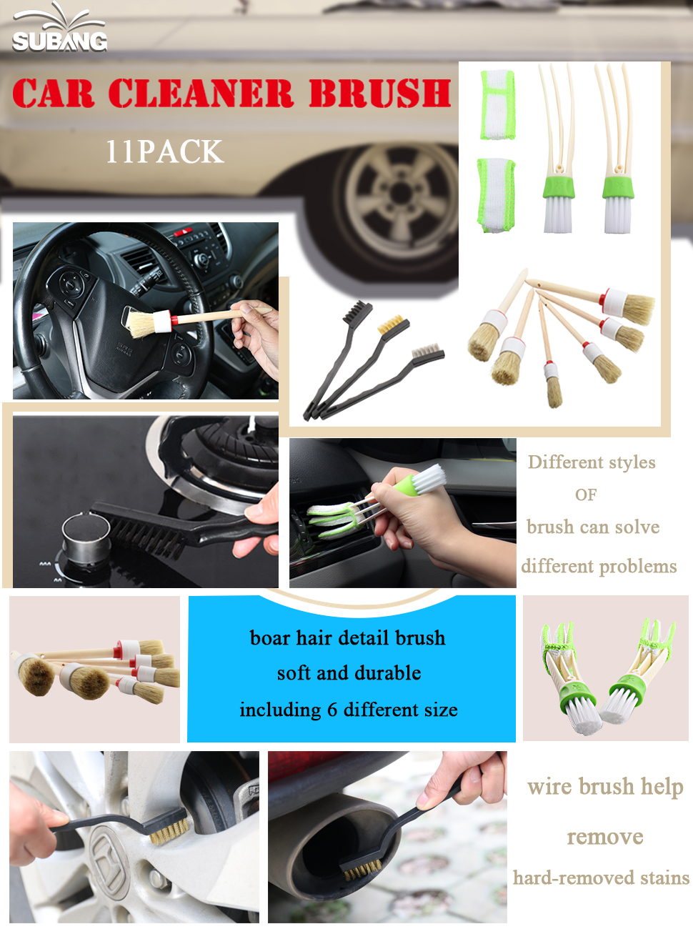 SUBANG 11 Pieces Car Detailing Brush Set for Cleaning