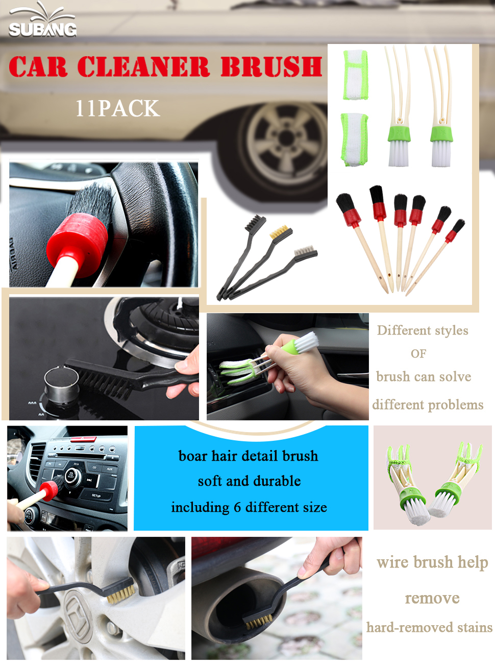 SUBANG 11 Pieces Car Detailing Brush Set for Cleaning