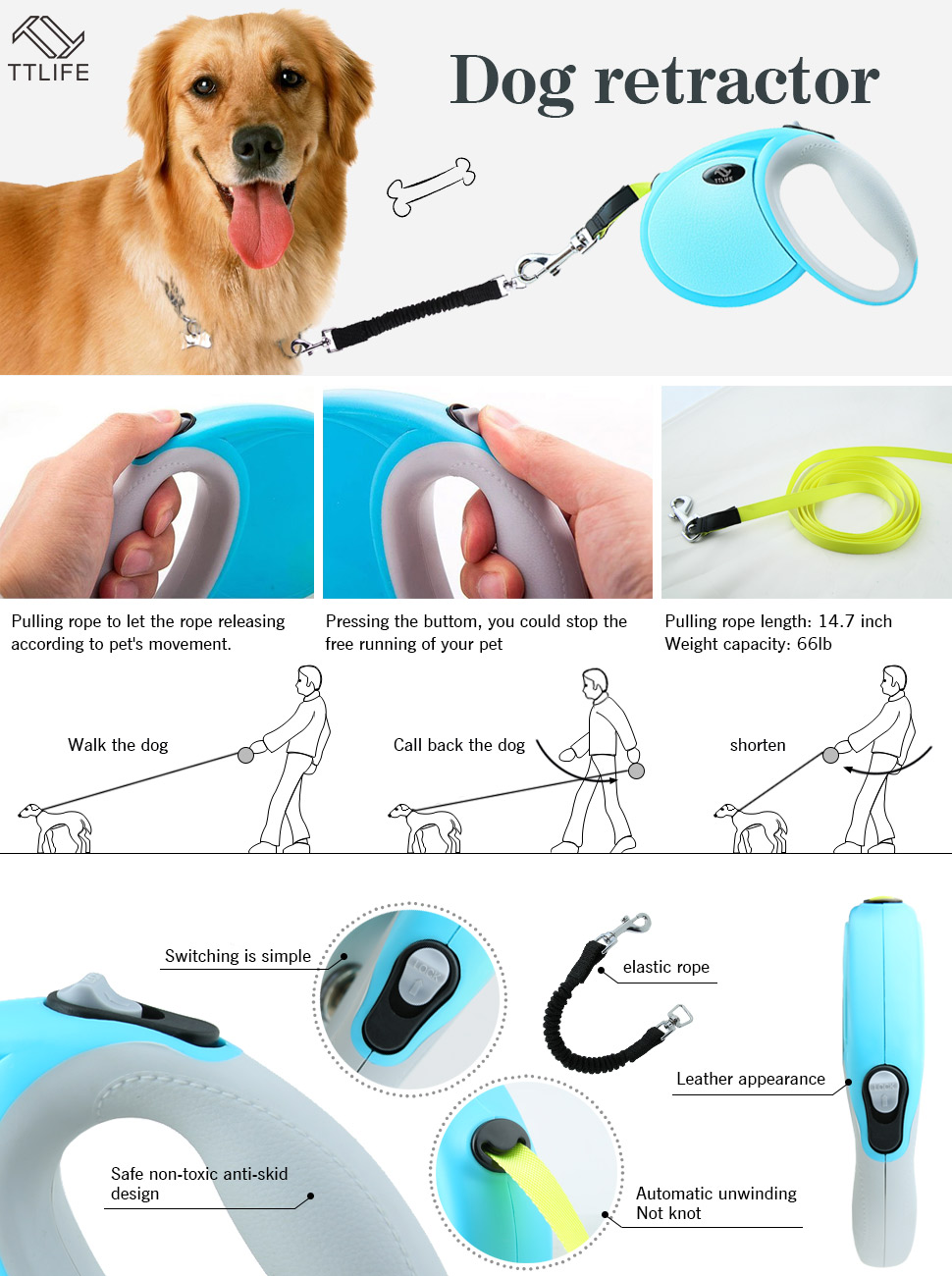 TTLIFE Retractable Dog Leash/Dog Flexi Retractable Leash