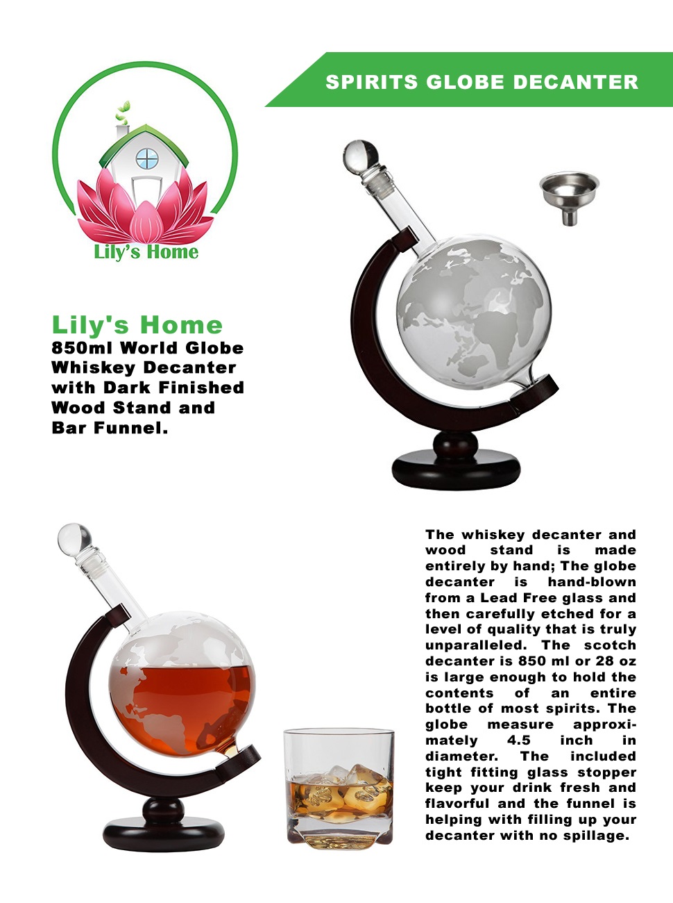 Lily's Home 850ml World Globe Whiskey Decanter with Dark Finished Wood