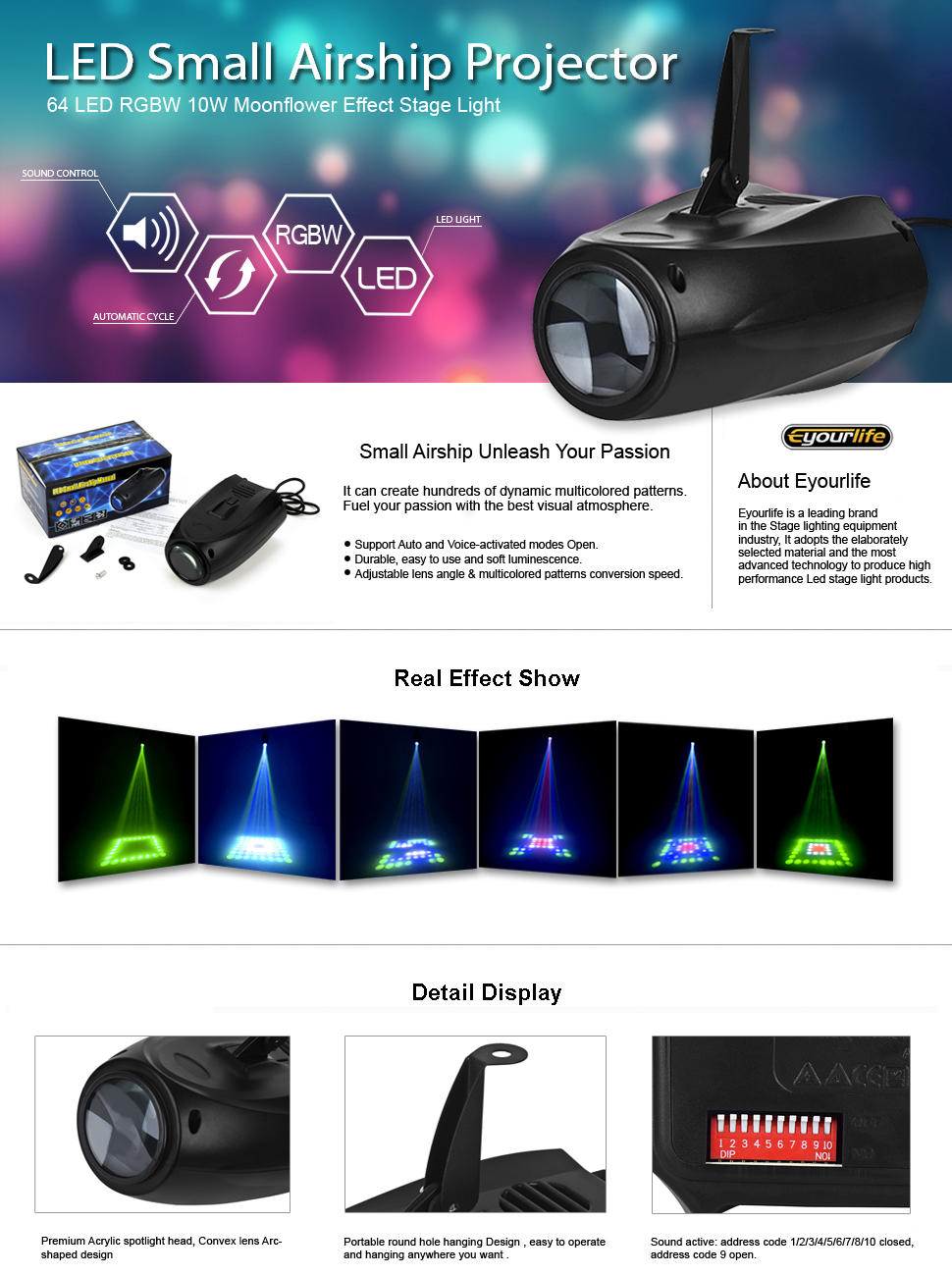 Eyourlife RGBW Magic Pattern 64 Led 10 W Auto and Voice