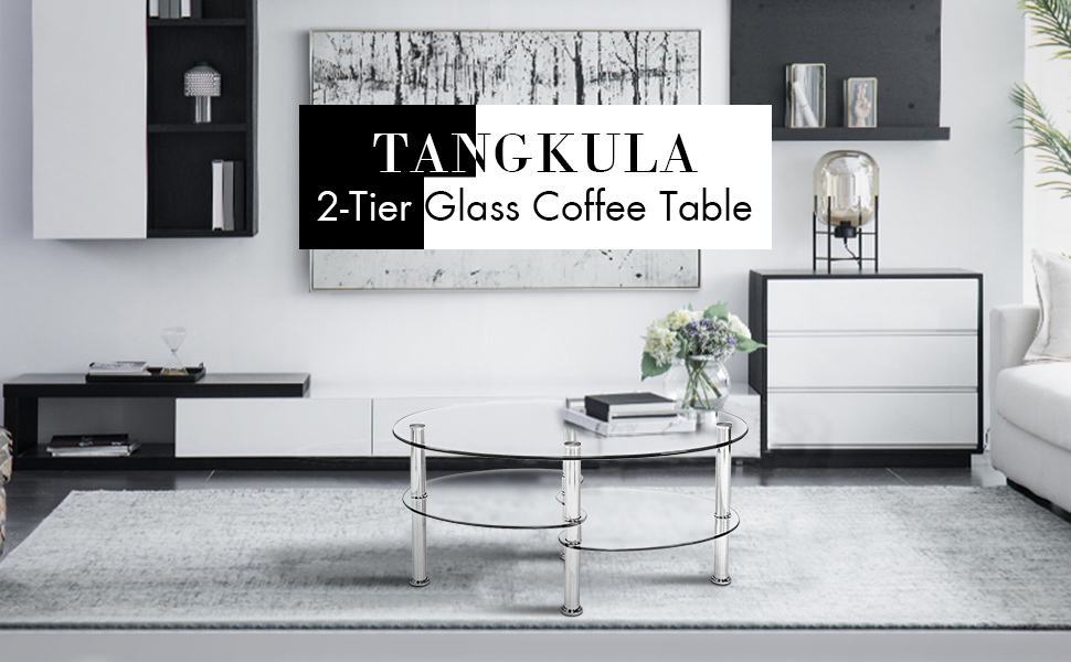 Tangkula Glass Coffee Table, Modern Furniture Decor 2Tier Modern Oval