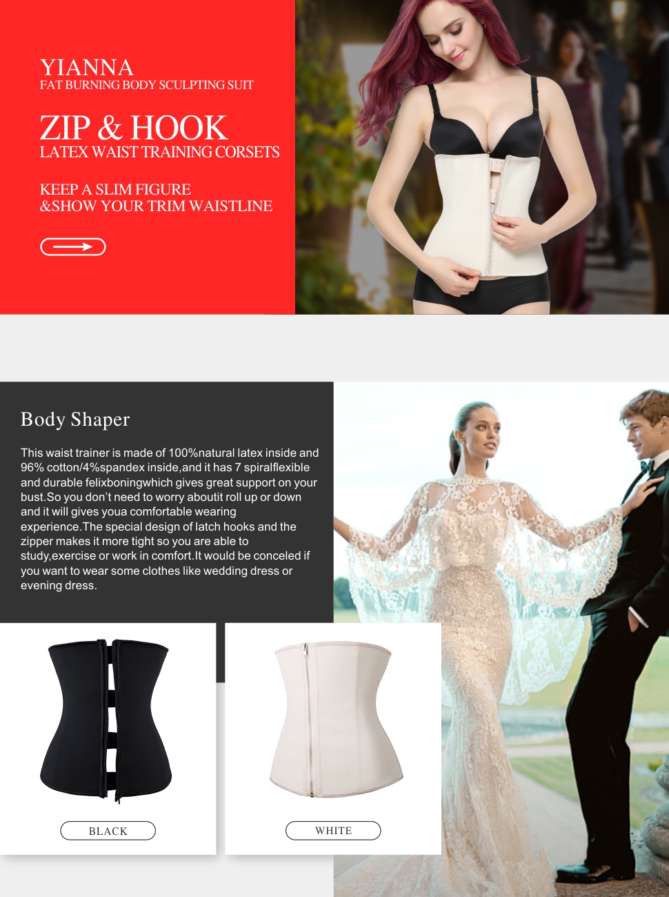 YIANNA Latex Waist Training Corsets Zip&Hook Underbust Fat Burner