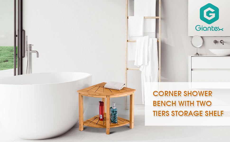 Giantex Bamboo Corner Shower Bench W/Shelf for Bathroom Spa