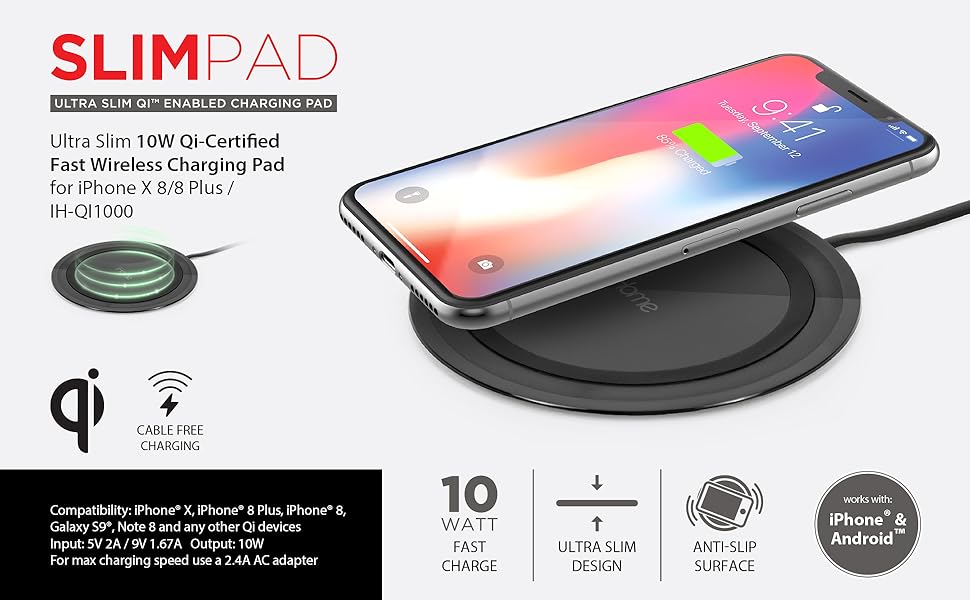 IHomeUltra Slim 10W QI Wireless Charging Pad (Black) OPEN