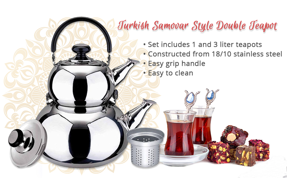 Turkish Double Tea Kettle Pot Samovar Style Water Boiler