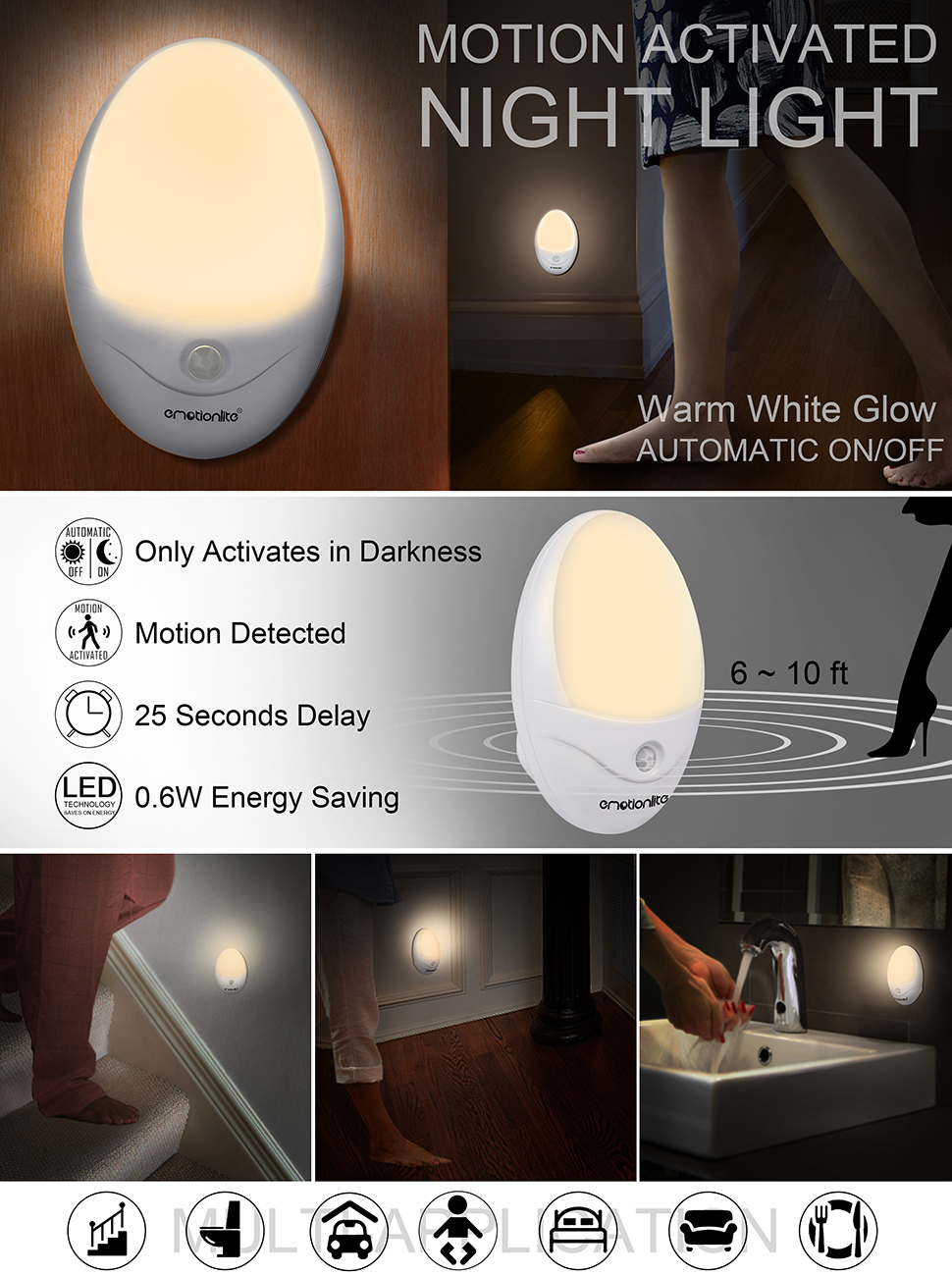 LED Motion Sensor Light, Emotionlite Plug in Motion Activated Night Light, Hallway, Bathroom