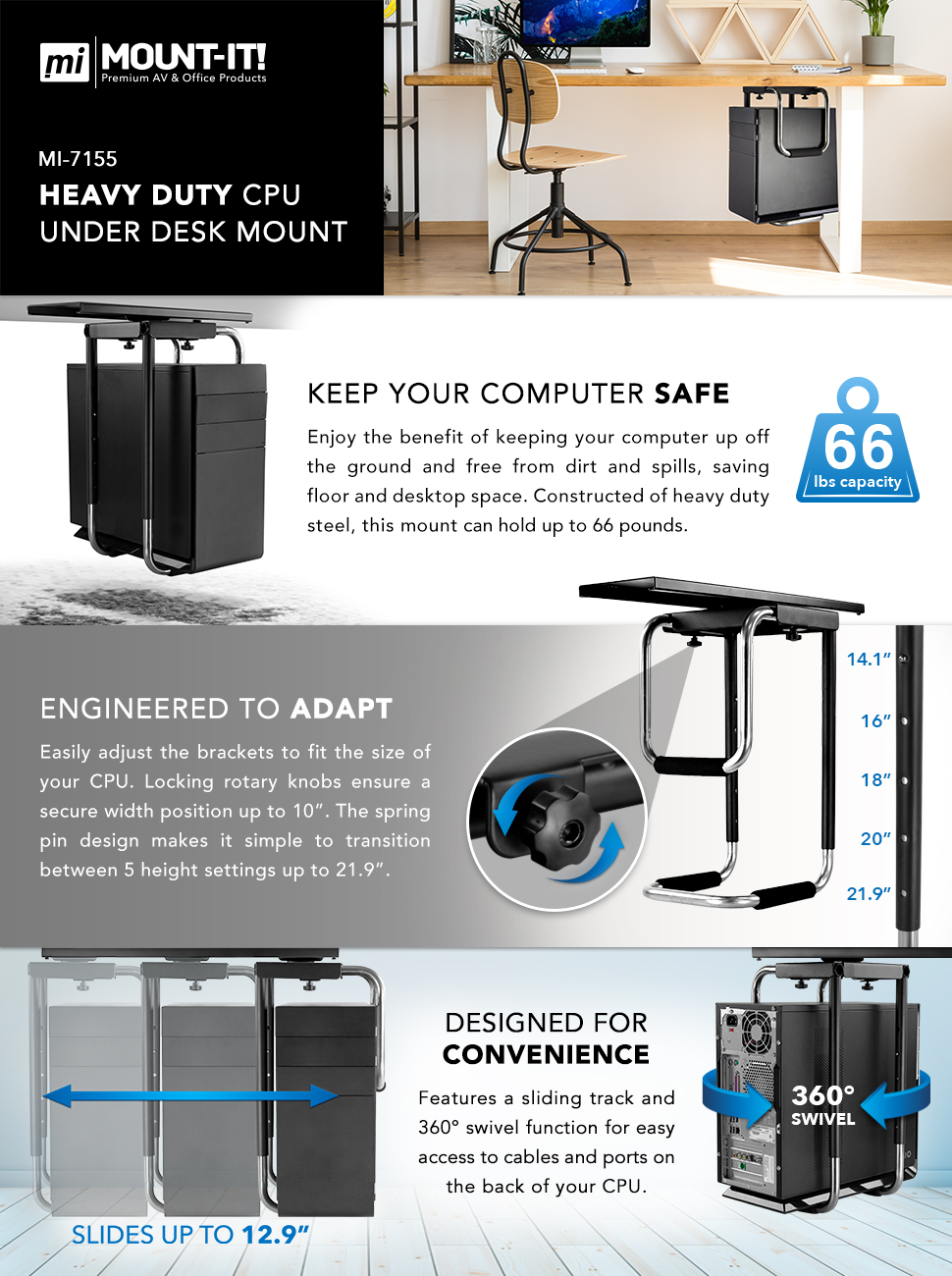 MountIt! Heavy Duty Under Desk Computer Mount, Adjustable