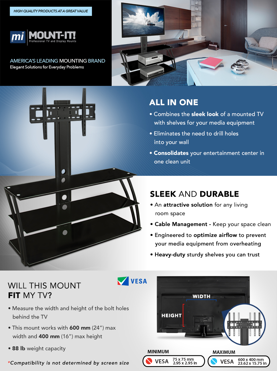 MountIt! TV Stand with Mount and Storage Shelves