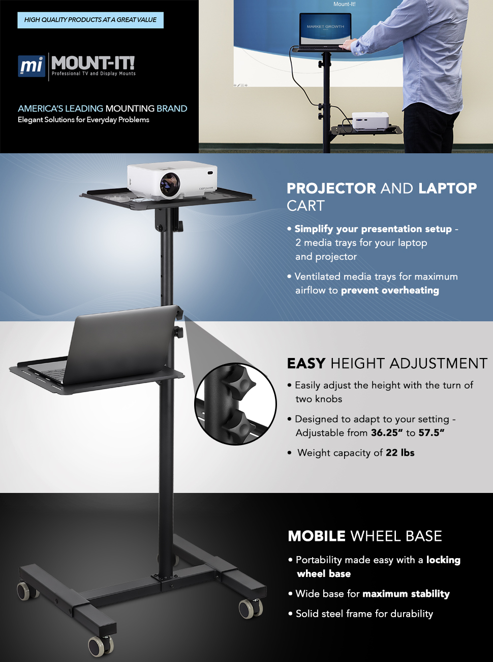 MountIt! Mobile Projector Stand, Rolling Height