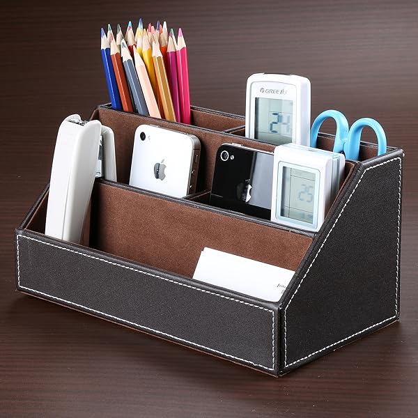 KINGFOM Leatherette MultiFunction Desk Organizer Storage Box, 5