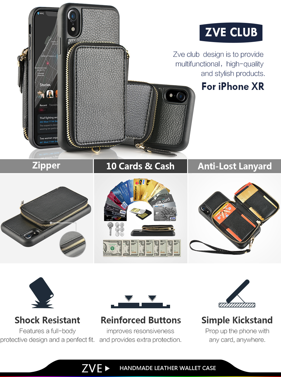 iPhone XR Wallet Case, ZVE for iPhone XR Case with Credit